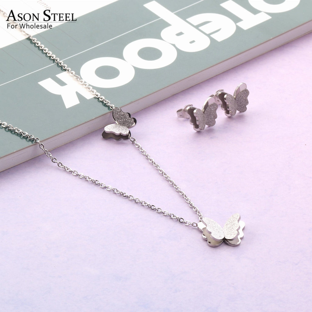 ASON Stylish Frosted Butterfly Pendant Necklace and Stud Earrings Set Stainless Steel Jewelry Set for Women Daily Wear