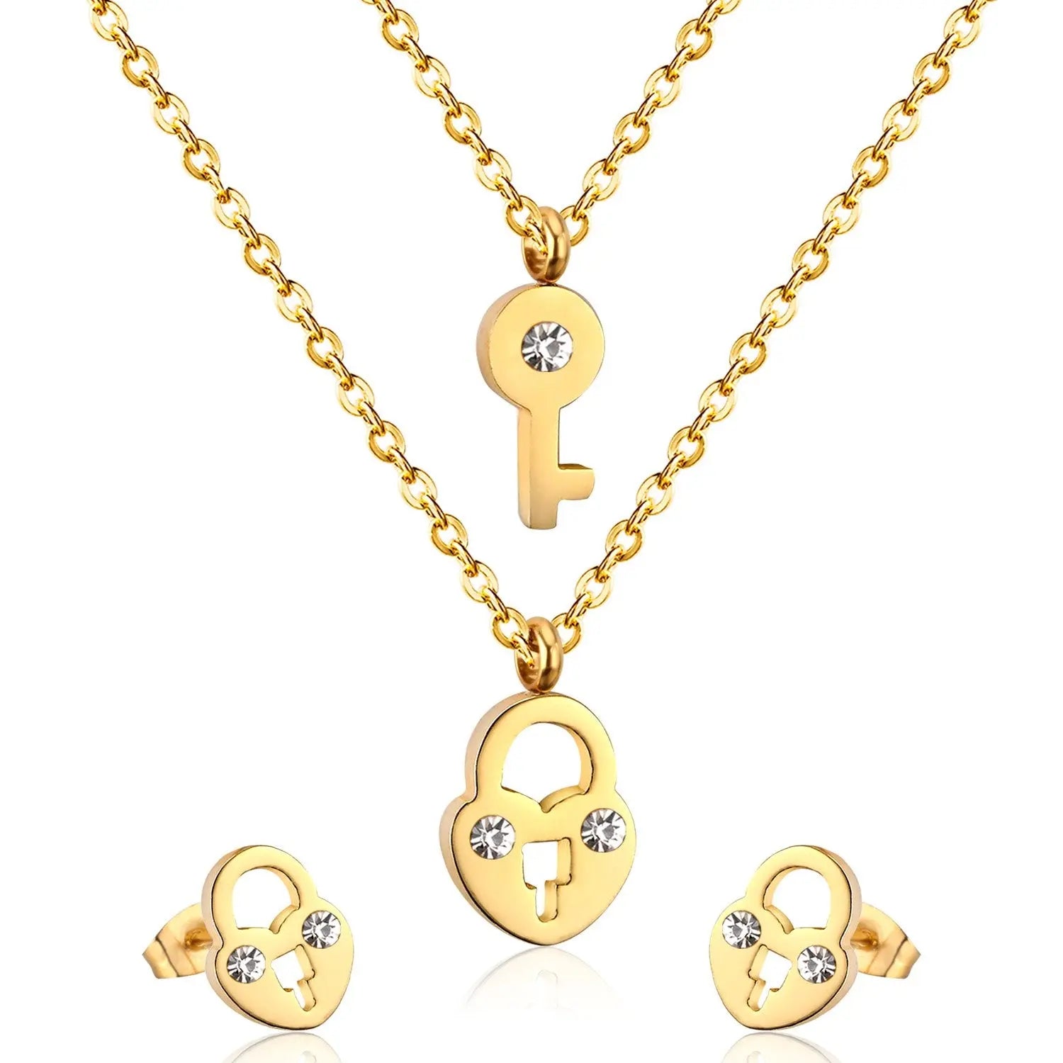 New Heart Lock With Key Earrings Pendant Necklace Sets Stainless Steel Wedding Jewellry Party Gift parures bijoux asonjewelry