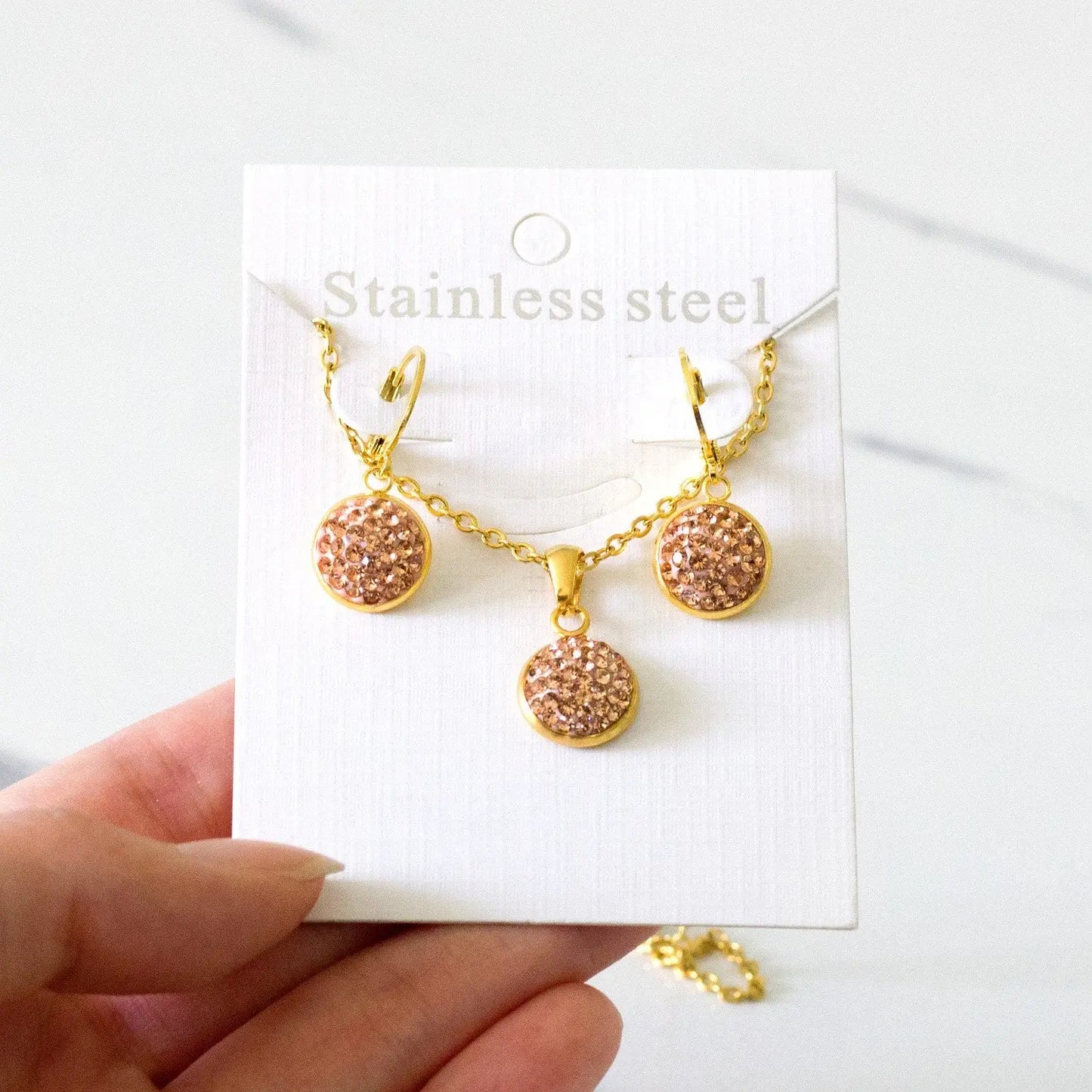 New Luxury Round Stainless Steel Chain Necklaces Earrings Sets For Women Bride Wedding Jewelry parures bijoux asonjewelry