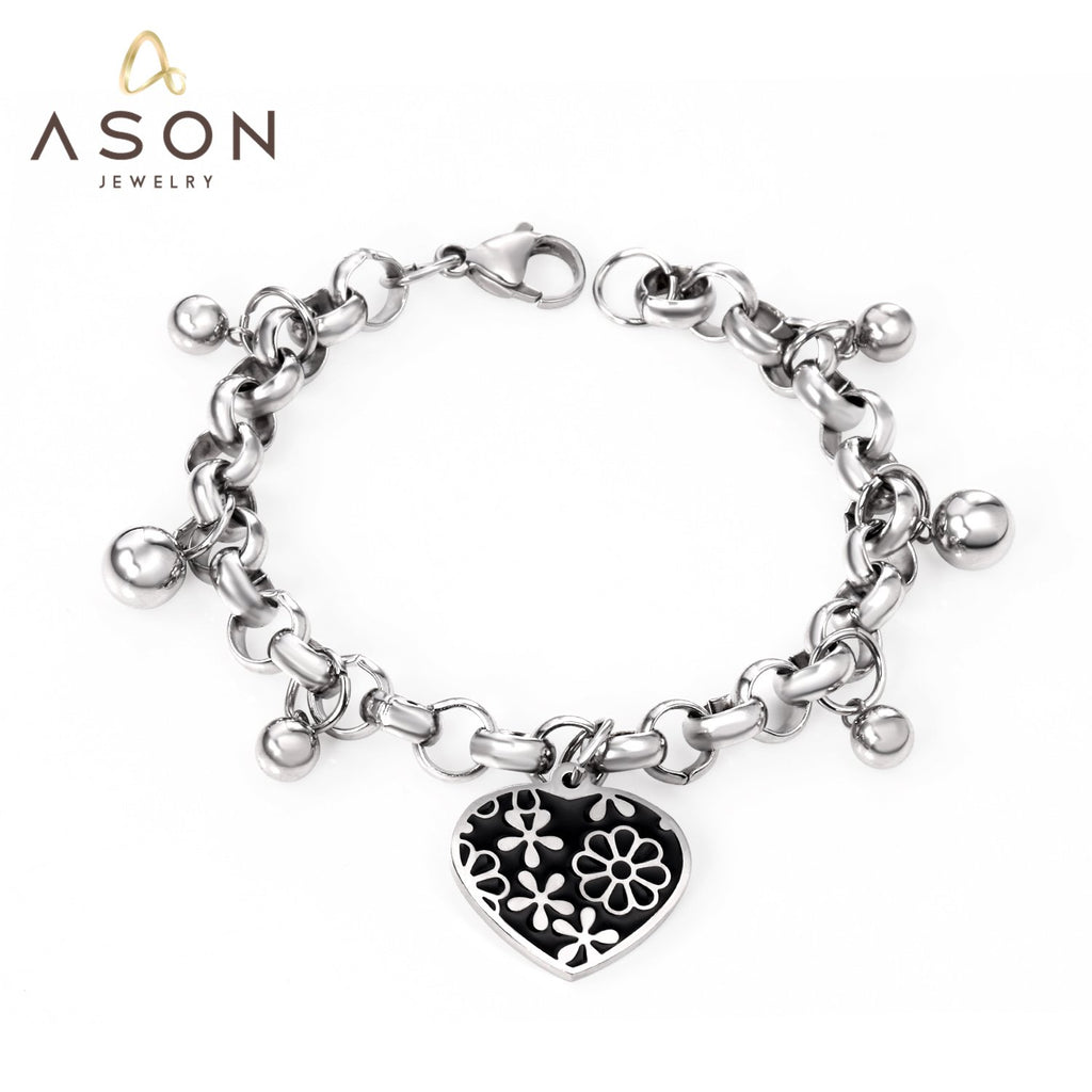 ASON Silver Color 316L Stainless Steel Bangle Heart Pendant Bracelet with Steel Ball Charm for Women Jewelry Party Gift