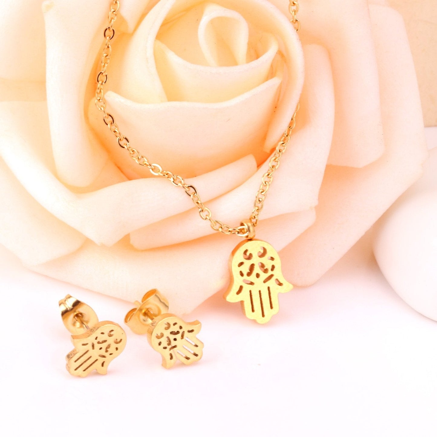 ASON Stainless Steel Gold Color Jewelry Sets Hand Shape Pendant Necklace Earrings Jewelry Sets for Women Girl Party Girls asonjewelry