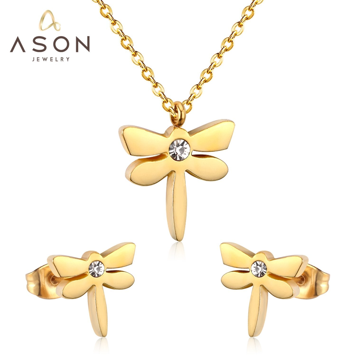 ASON Dragonfly Necklace Earrings Jewelry Set Stainless Steel Gold Color Animal Pendants Necklaces Statement Fashion Jewelry asonjewelry