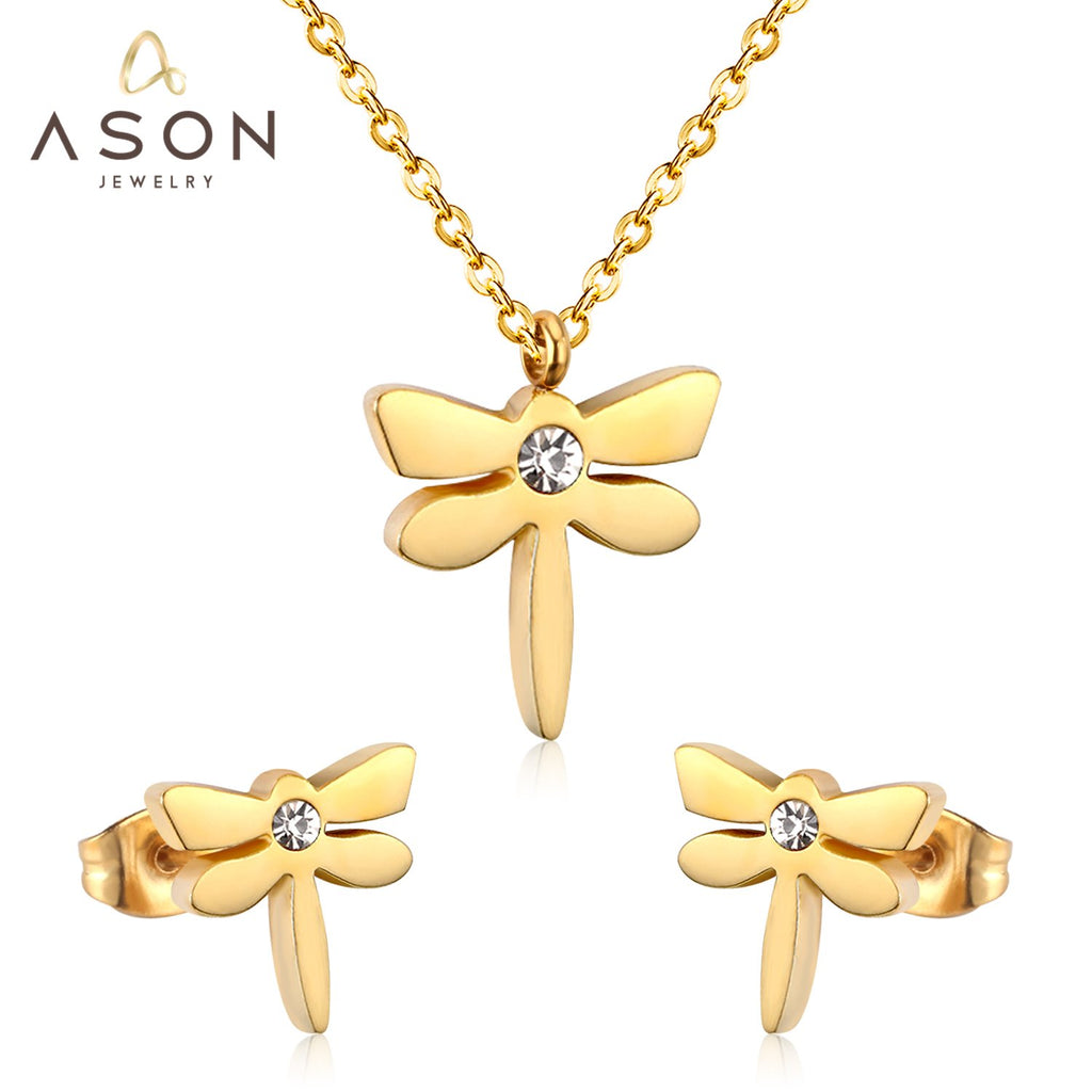 ASON Dragonfly Necklace Earrings Jewelry Set Stainless Steel Gold Color Animal Pendants Necklaces Statement Fashion Jewelry