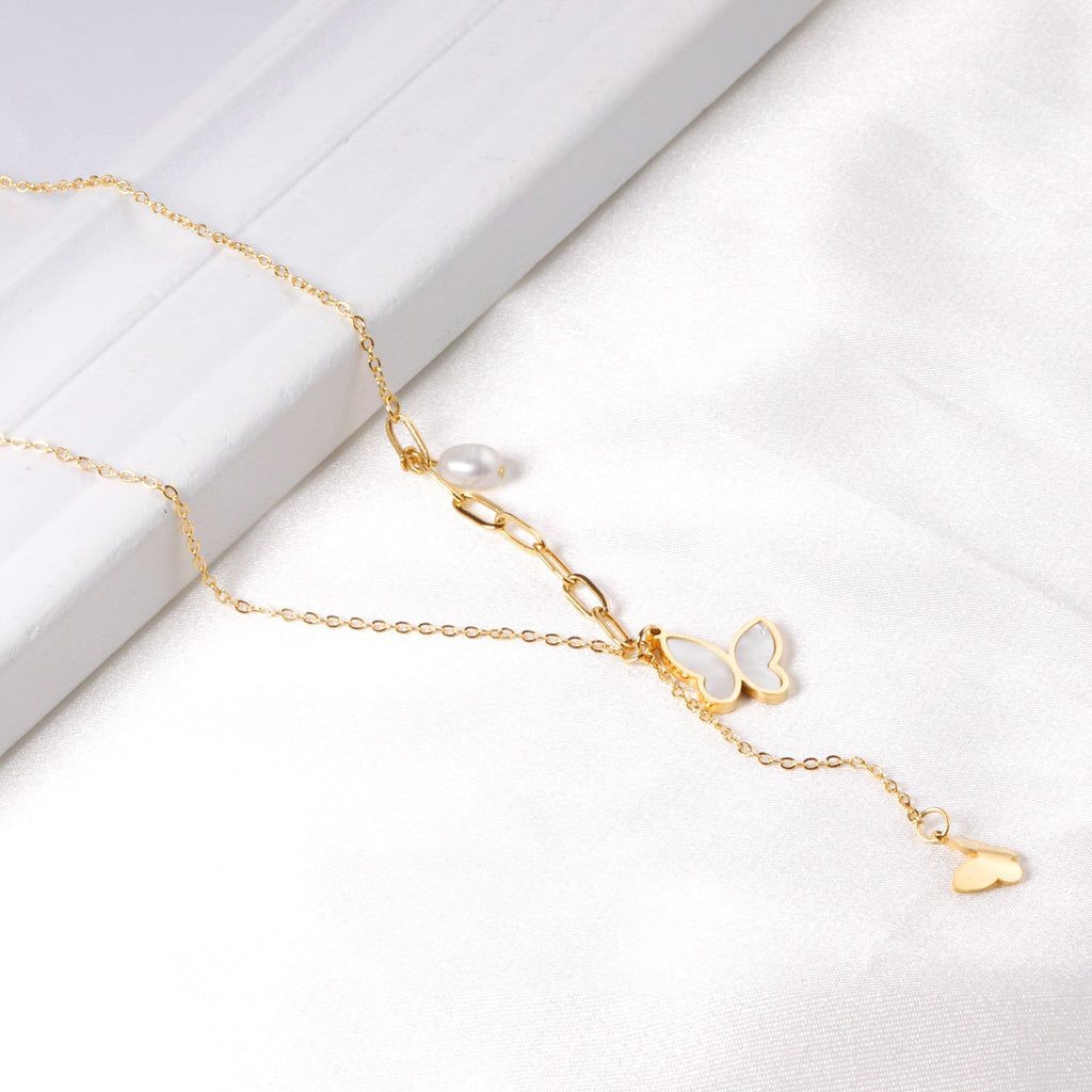 ASON Shell Butterfly Pendant Necklace with Imitation Pearl Stainless Steel Chain for Women Fashion Jewelry Accessories