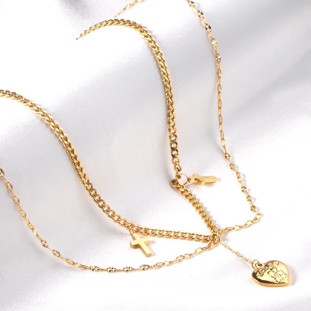 ASON Fashion Heart Cross Multi-layer Chain Pendant Necklace Gold Color Stainless Steel Choker for Women Jewelry Accessories asonjewelry
