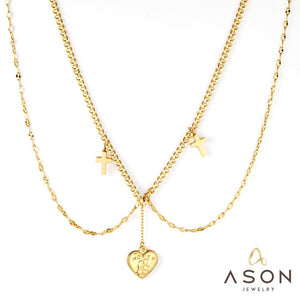 ASON – collier avec pendentif en forme de croix et de cœur, chaîne multicouche, couleur or, ras du cou en acier inoxydable pour femmes, accessoires de bijoux
