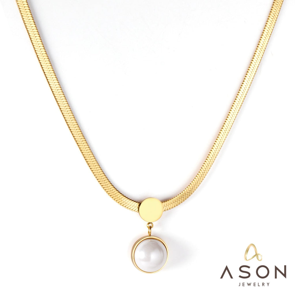 ASON Gold Color Flat Snake Chain Round Imitation Pearl Pendant Necklace Stainless Steel Choker for Women Fashion Jewelry
