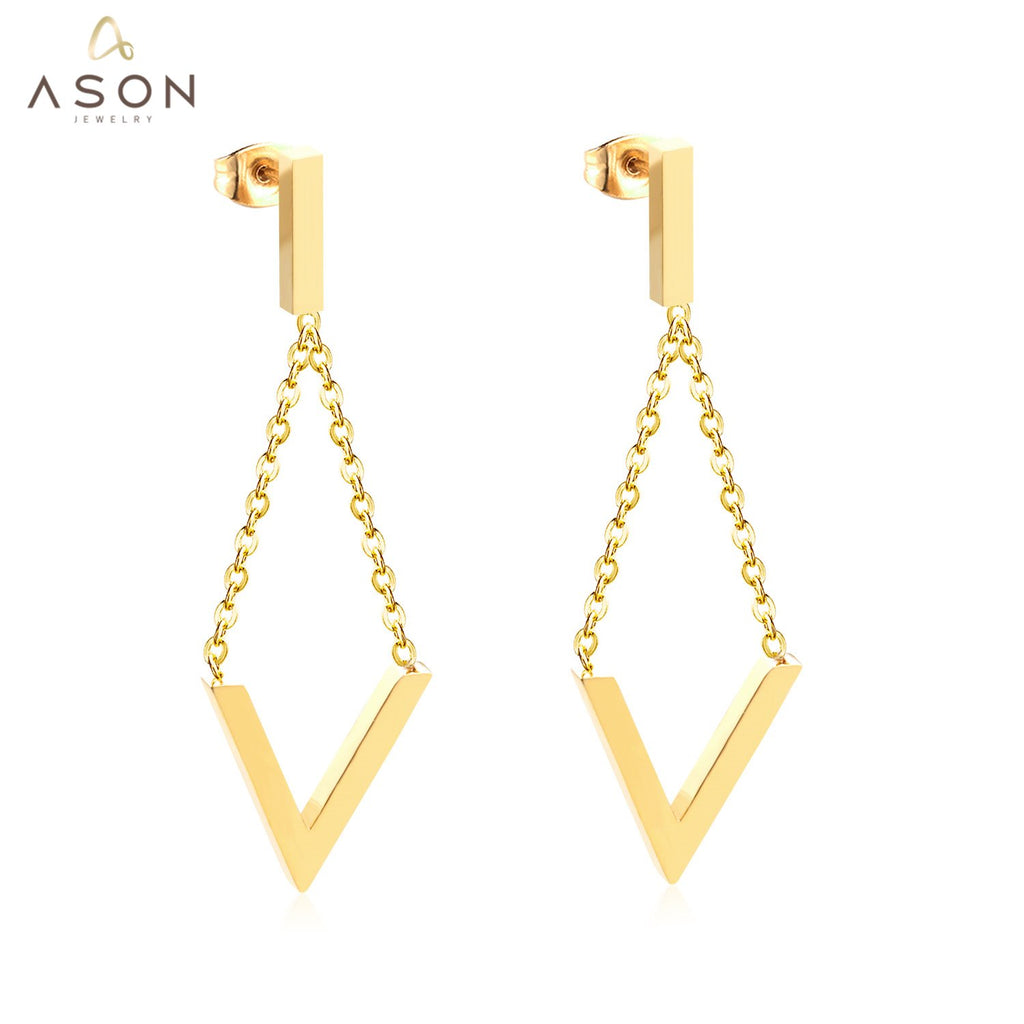 ASON Elegant V Letter Drop Earrings 316L Stainless Steel Geometric Hanging Dangle Earrings for Women Accessories Jewelry