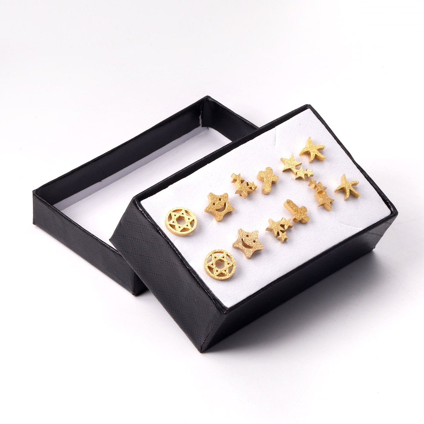 ASON 6pairs/Box Cute Baby Cross/Smile/Star/Round Piercing Stud Earrings Set Gold Color Accessories Stainless Steel Jewelry asonjewelry