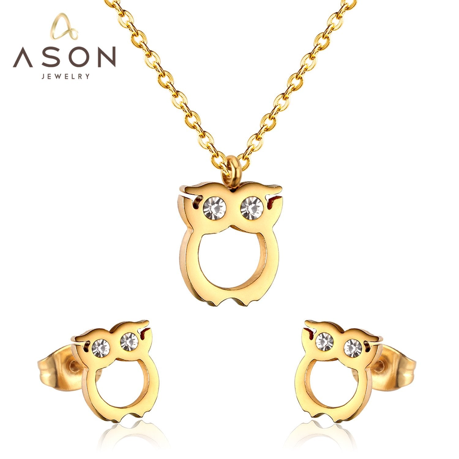 ASON Cute Owl Pendant Necklace Piercing Stud Earrings Jewelry Sets Stainless Steel Gold Color For Women Wholesale Fashion asonjewelry