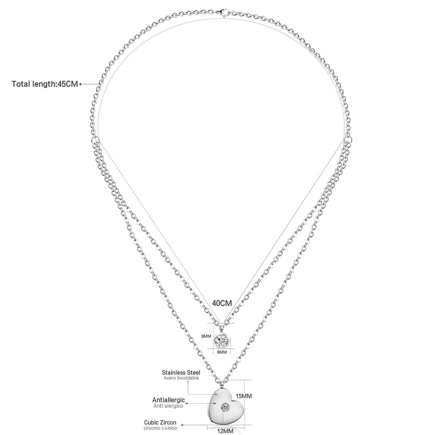 ASON Heart Shape Pendant Necklaces Gold Color Stainless Steel Multi-layer Chains Round Cubic Zirconia Choker For Women asonjewelry