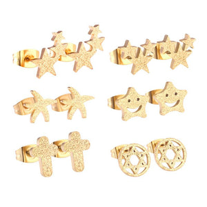 ASON 6pairs/Box Cute Baby Cross/Smile/Star/Round Piercing Stud Earrings Set Gold Color Accessories  Stainless Steel Jewelry