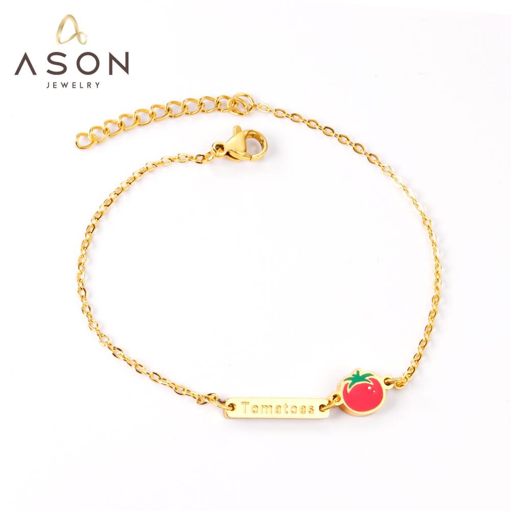 ASON encantadora pulsera con dije de tomate de dibujos animados, brazalete ajustable de acero inoxidable 316L para mujer, regalo, accesorios de joyería de moda