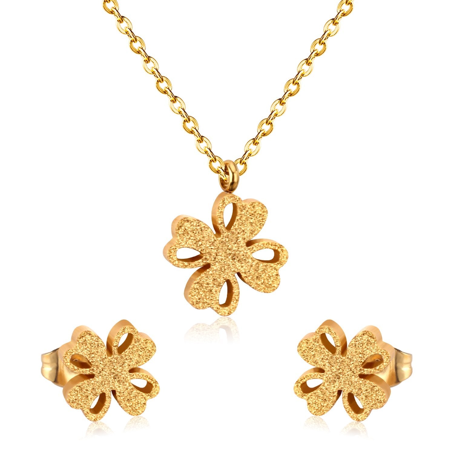ASON Frosted Flower Chain Pendant Necklace Piercing Earrings Gold Color Stainless Steel for Women Jewelry Sets Fashion asonjewelry