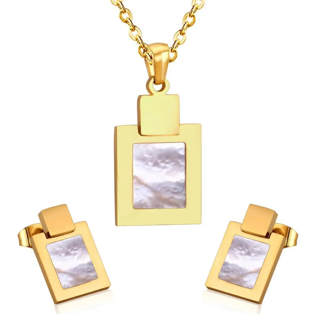 Cute Style Square Shell Necklace Earring Sets For Women Girl Jewelry Sets With 45cm Chain 2 Color Choker Necklaces asonjewelry