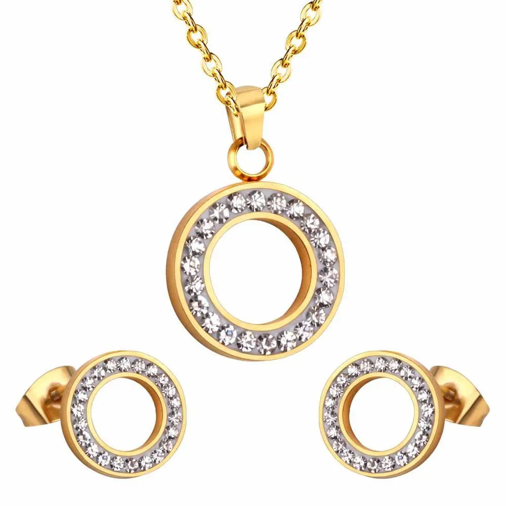 Women Bridal Jewelry Sets Zircon Crystal Pendants Necklaces Stainless Steel Jewelry Set asonjewelry