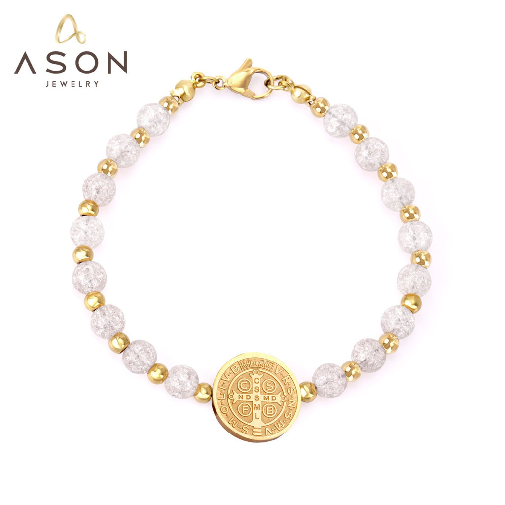 ASON Beaded Crystal Round Jesu Pendants Bracelets & Bangles For Women Girl Stainless Steel Beads pulseira Bracelets Party