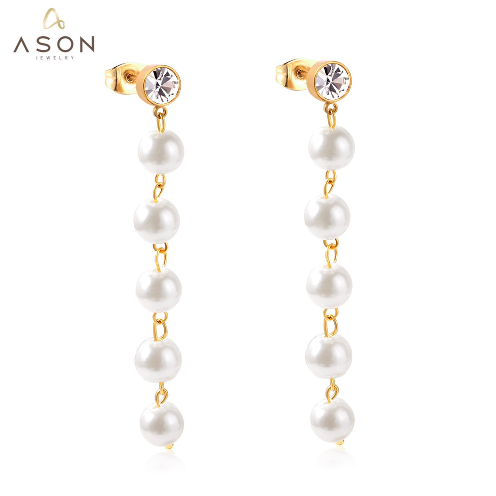 ASON Stainless Steel Imitation Pearls Drop Earrings with Cubic Zirconia for Women Hanging Dangle Earring Fashion Jewelry