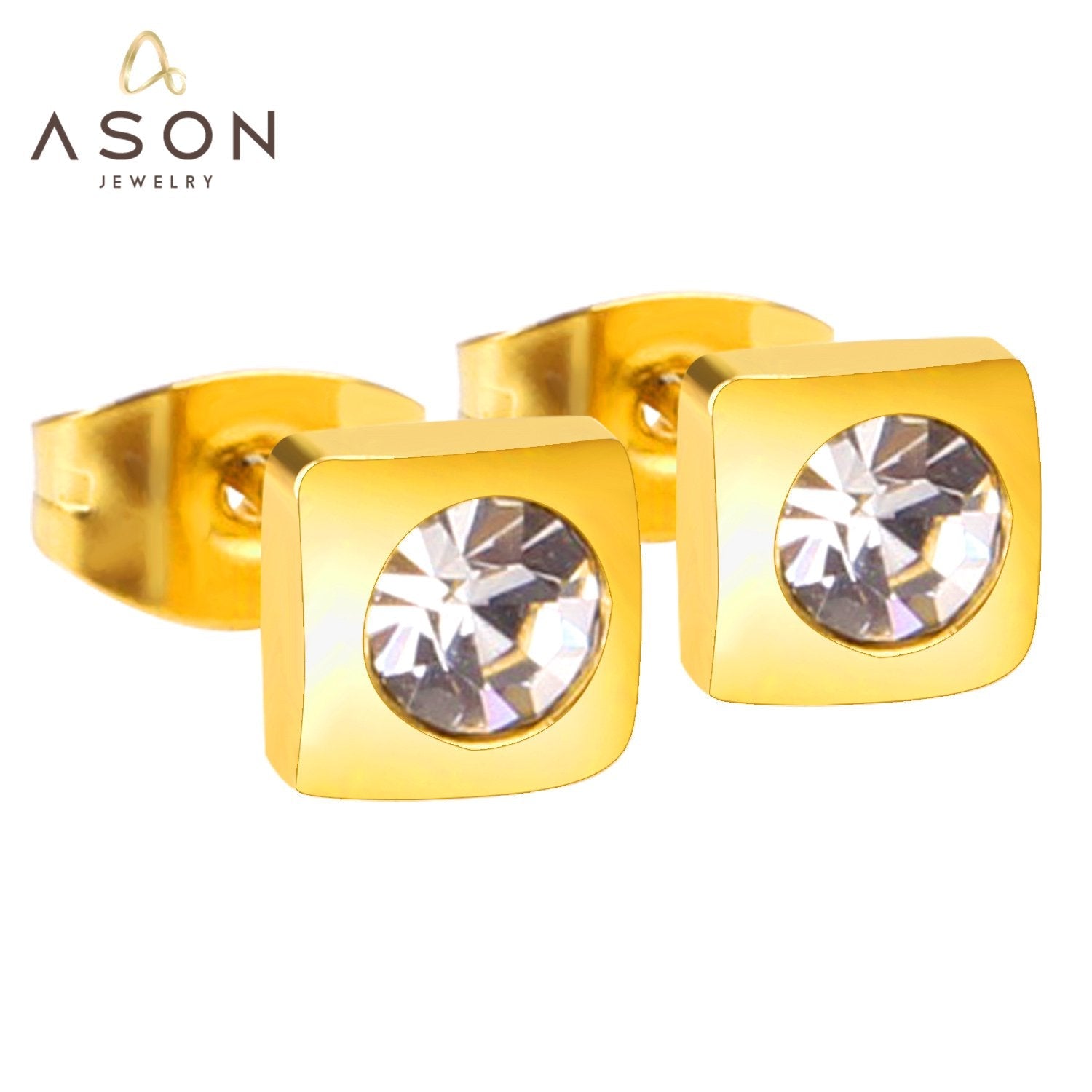 ASON Classic Style Square Round AAA Cubic Zirconia Gold Color Piercing Stud Earrings Set For Women 2022 Brinco Daily Wear asonjewelry