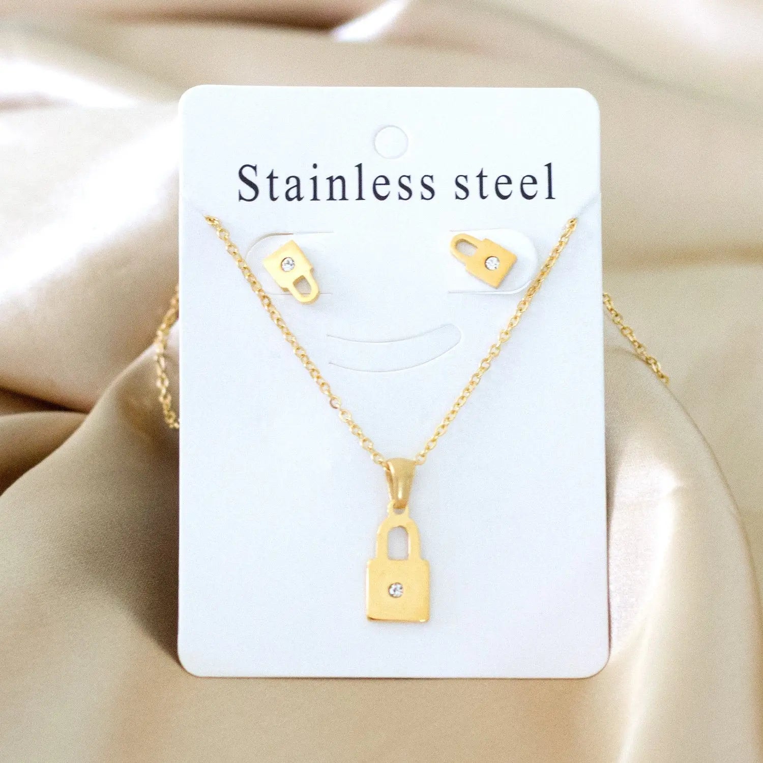 Dubai Wedding Jewelry Sets Stainless Steel Earings Lock Pendant Necklace Set For Women Girls Indian Jewelry Sets asonjewelry