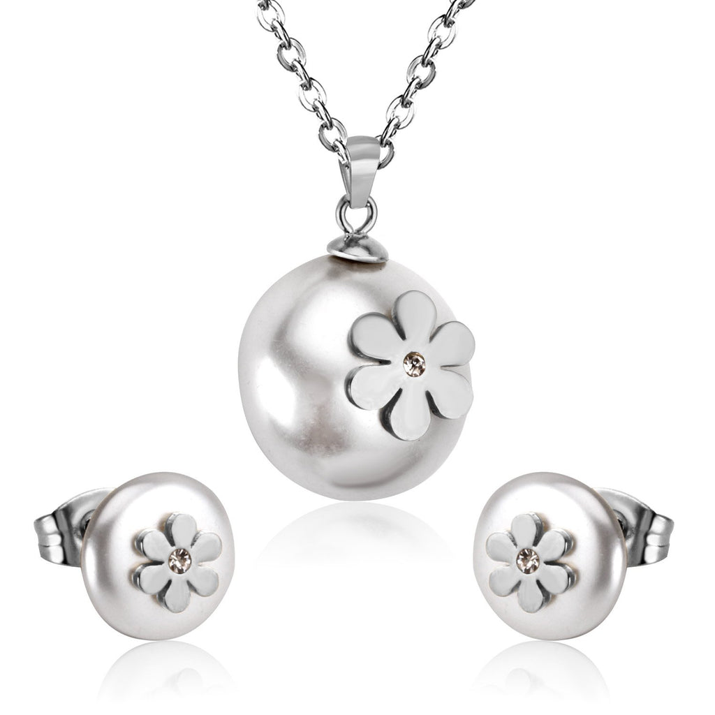 ASON Imitation Pearl Gold Bridal Wedding Jewelry Set for Women 316L Stainless Steel Necklace Pendant Small Stud Earring