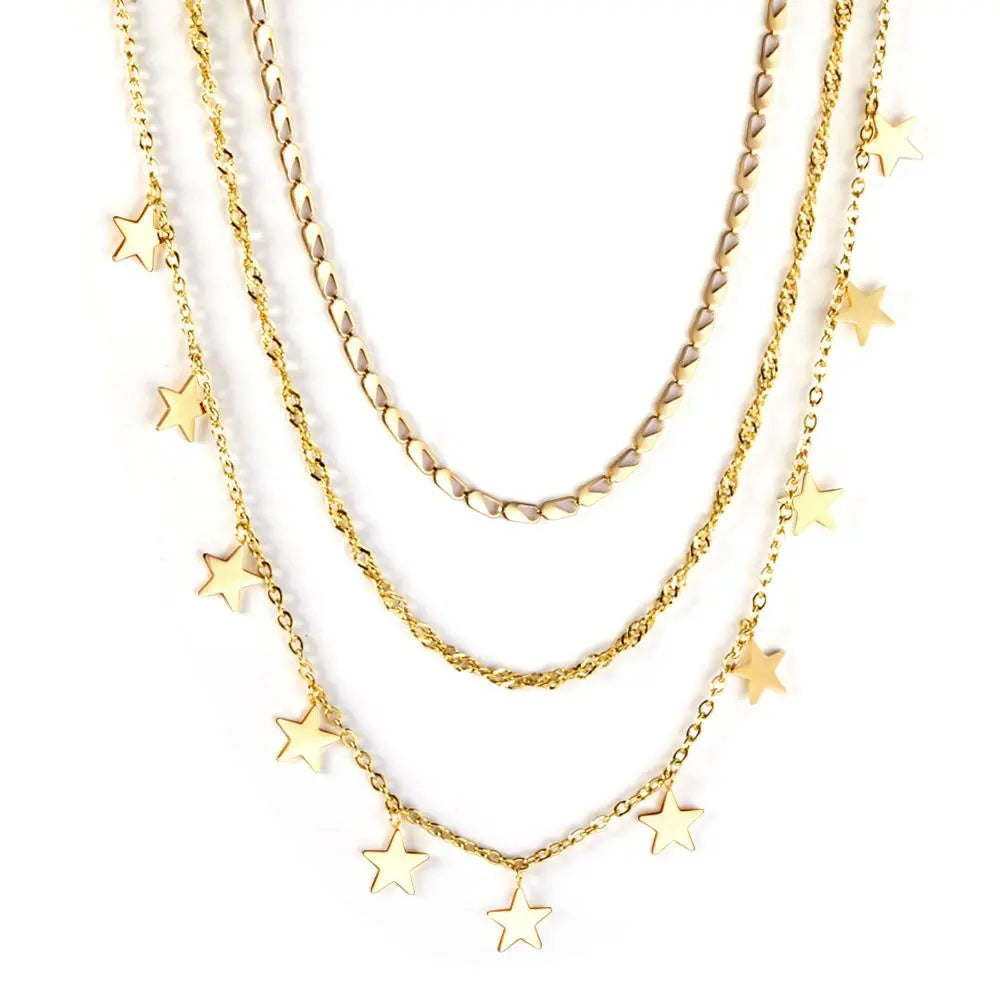 Triple Chain Collier For Women Collar Statement Necklaces Chain Bohemia Luxury Jewelry For Party Little Star Charms asonjewelry