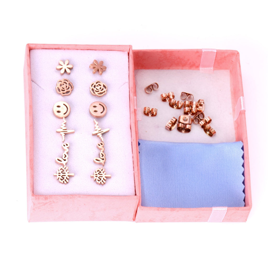 ASON Small Earrings Trendy Jewelry Rose Gold Color Flower Tree Smile Letter 6pairs/Box Stainless Steel Earrings Sets Party