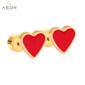 ASON-pendiente con tuerca de corazón rojo/rosa, Color dorado, acero inoxidable para mujer/niña/niño, joyería para Piercing en la oreja, fiesta de Navidad