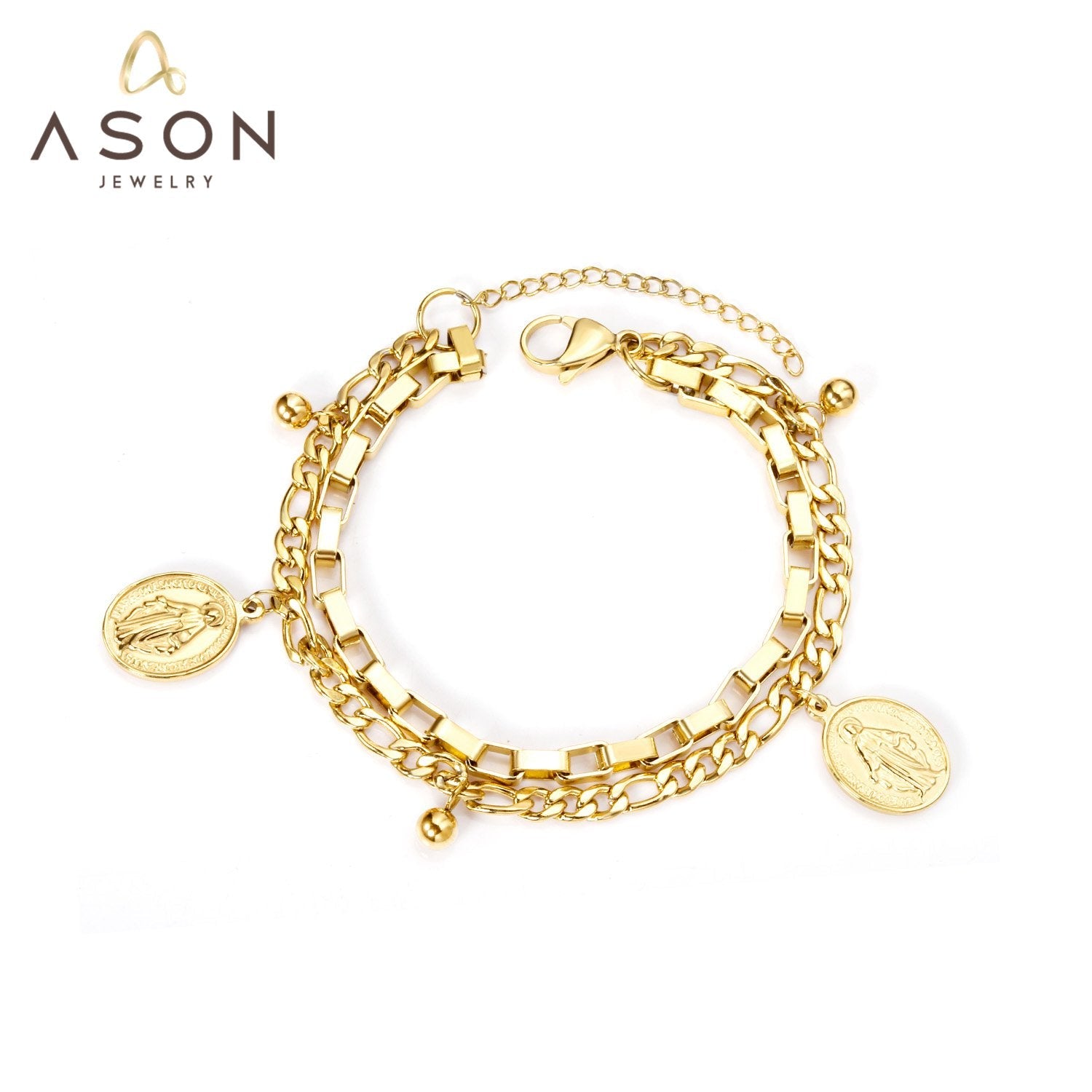 ASON Gold Color Coin Charm Bracelet Multi-layer Stainless Steel Chain Bangle with Extender for Women Girl Fashion Jewelry asonjewelry