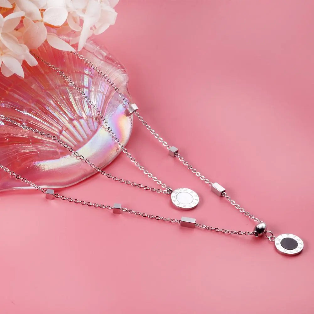 New Design Romantic Double Pendant Necklace For Women Design Roman Numerals Trendy Black And White Shell Collier asonjewelry