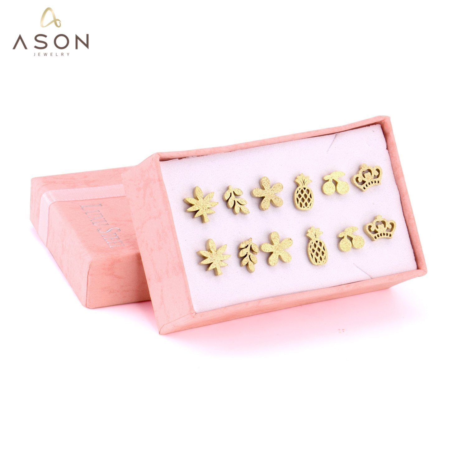 ASON 6Pairs/Box Crown/Flower/Leave Small Piercing Stud Earrings Sets Stainless Steel Gold Color Jewelry For Women Gift asonjewelry