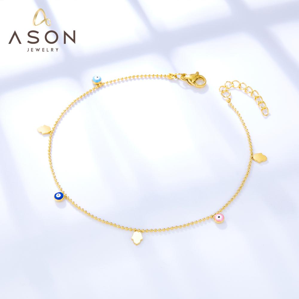 ASON Hands Palm Mixed Color Turkey Evil Eye Round Ball Beaded Chain Anklet Stainless Steel For Women Mini Jewelry Bracelets asonjewelry