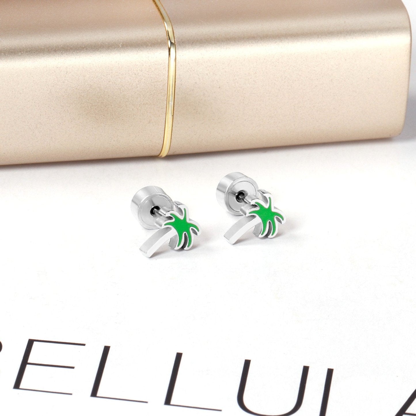 ASON Cute Children's Stud Earrings Silver Color Stainless Steel Coconut Tree Cartoon Ear Studs for Girl Jewelry Gift asonjewelry