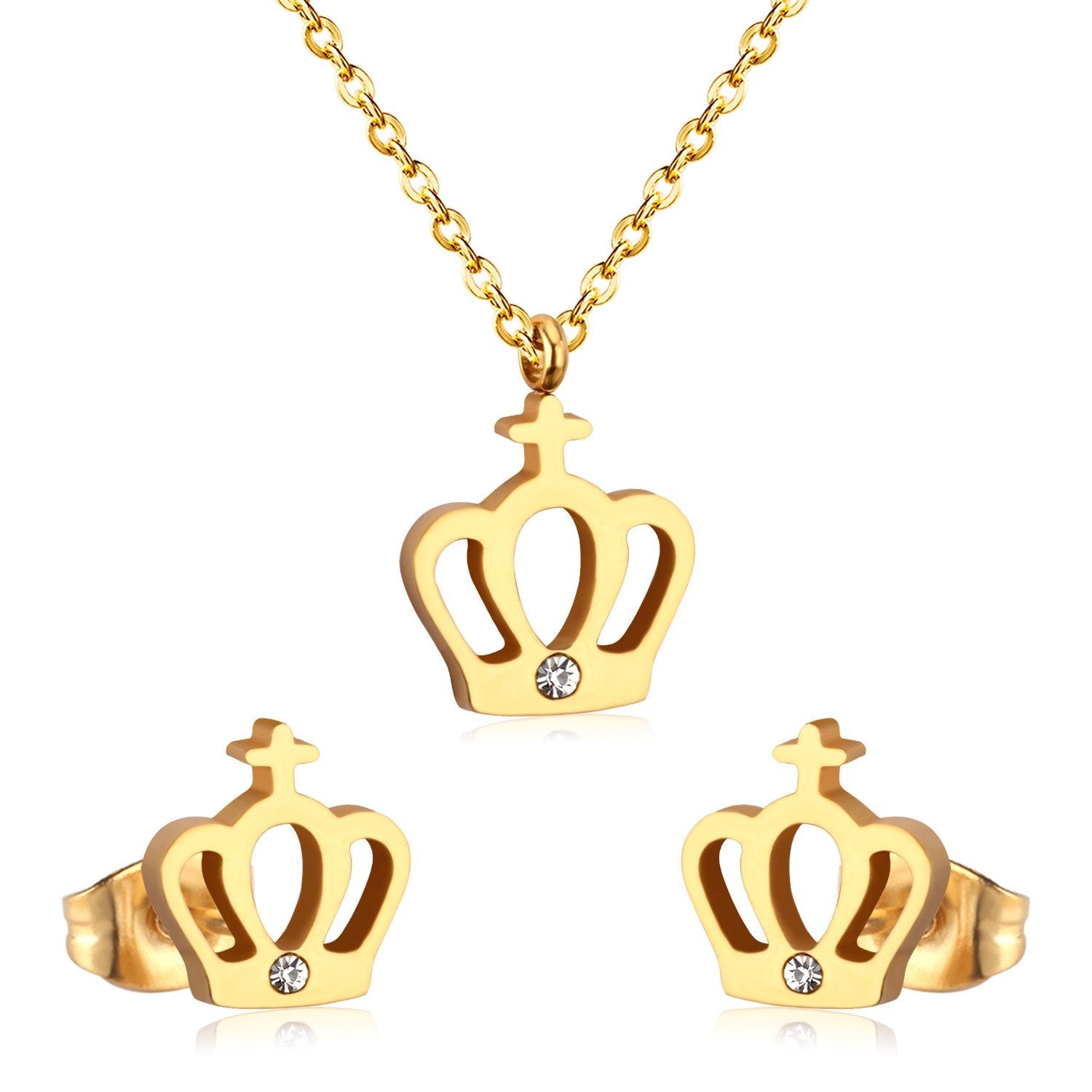 ASON Simple Style Crown Shape Frosted Gold Color Necklace Earrings Stainless Steel for Women Fashion Jewelry Sets Party asonjewelry