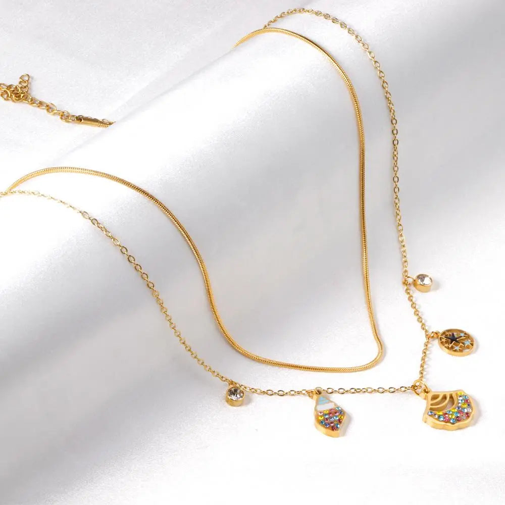 Popular Fan Shape Conch Double Chain Mix Cubic Zirconia Pendant Necklaces For Women Party Jewelry Parts choker asonjewelry