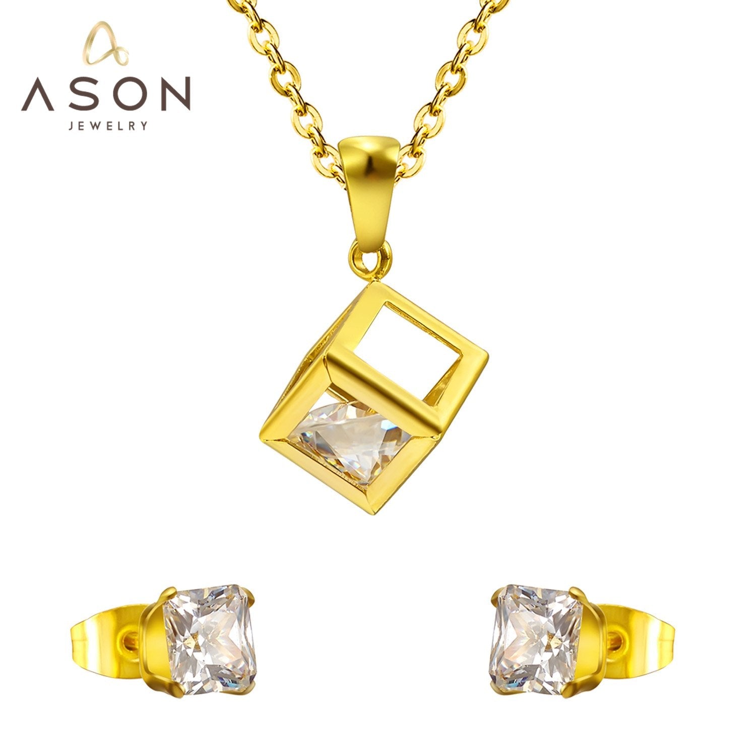 ASON 316L Stainless Steel Gold Bridal Wedding African Jewelry Set for Women 2019 Square Necklace Pendant Small Stud Earring asonjewelry