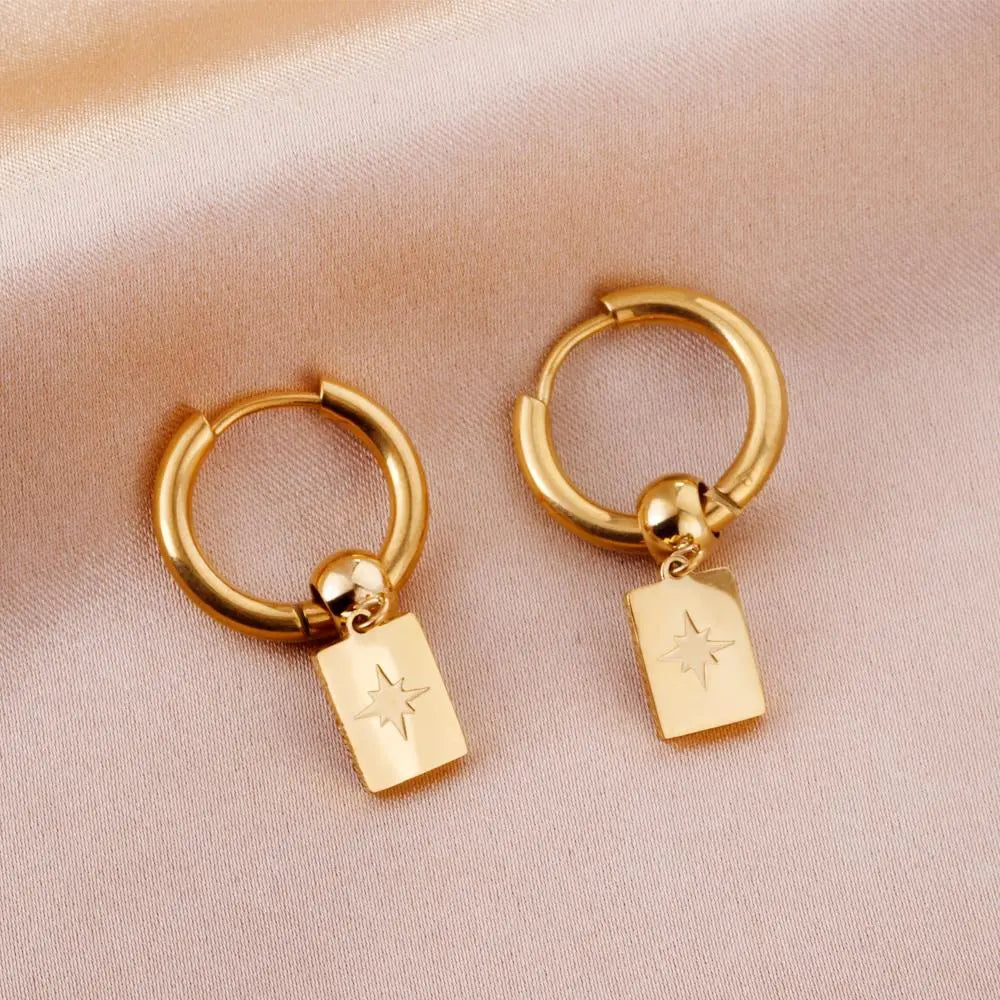 Round Beaded Hoop Earrings Women Accessories Stainless Steel New Square Star Pendants Earring Fashion Jewelr asonjewelry