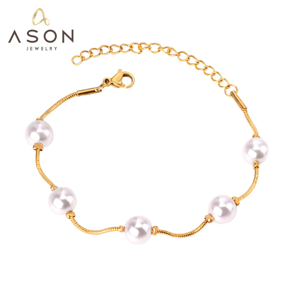 ASON Adjustable Imitation Pearl Chain Bracelets Bangles for Women Gold Color Stainless Steel Extender Fashion Jewelry Gift
