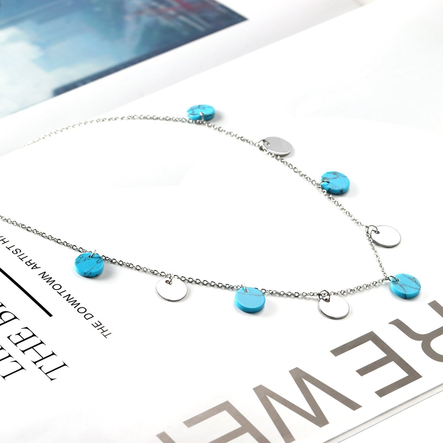 ASON 10mm Round Handmade Blue Stone Choker Collars Necklaces Stainless Steel Silver Color Chains Pendant Necklace Female asonjewelry