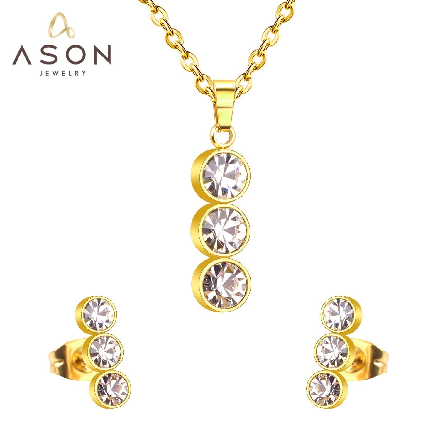 ASON 316L Stainless Steel Zircon Gold Bridal Wedding Jewelry Sets for Women 2019 Necklace Pendant Drop Earrings African Set asonjewelry