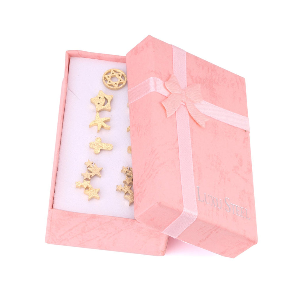 ASON 6pairs/Box Cute Baby Cross/Smile/Star/Round Piercing Stud Earrings Set Gold Color Accessories  Stainless Steel Jewelry