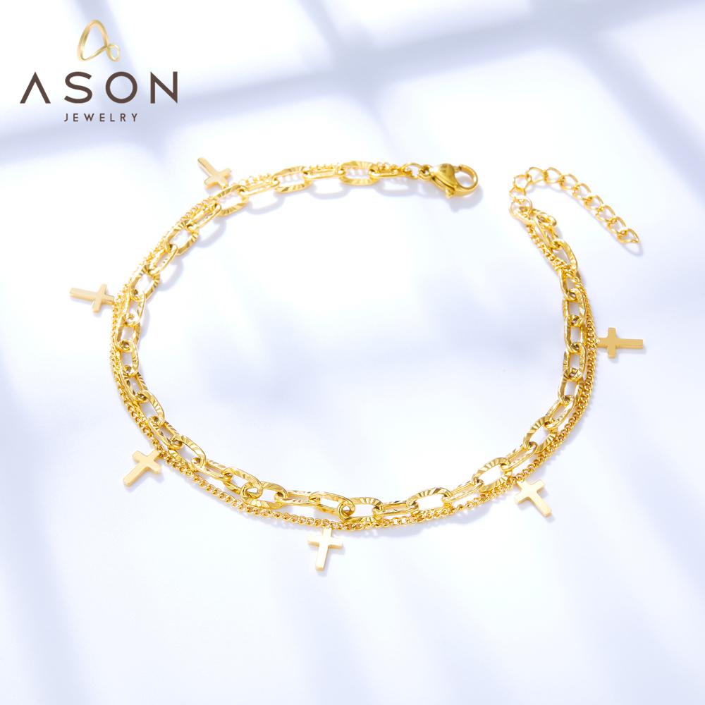 ASON Cross Accessories Multi-layer Link Chains Fashion Anklet Gold Color Stainless Steel For Women Daily Party Gift Jewelry asonjewelry