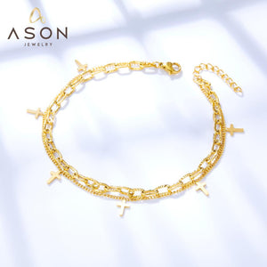 ASON Cross Accessories Multi-layer Link Chains Fashion Anklet Gold Color Stainless Steel For Women Daily Party Gift Jewelry