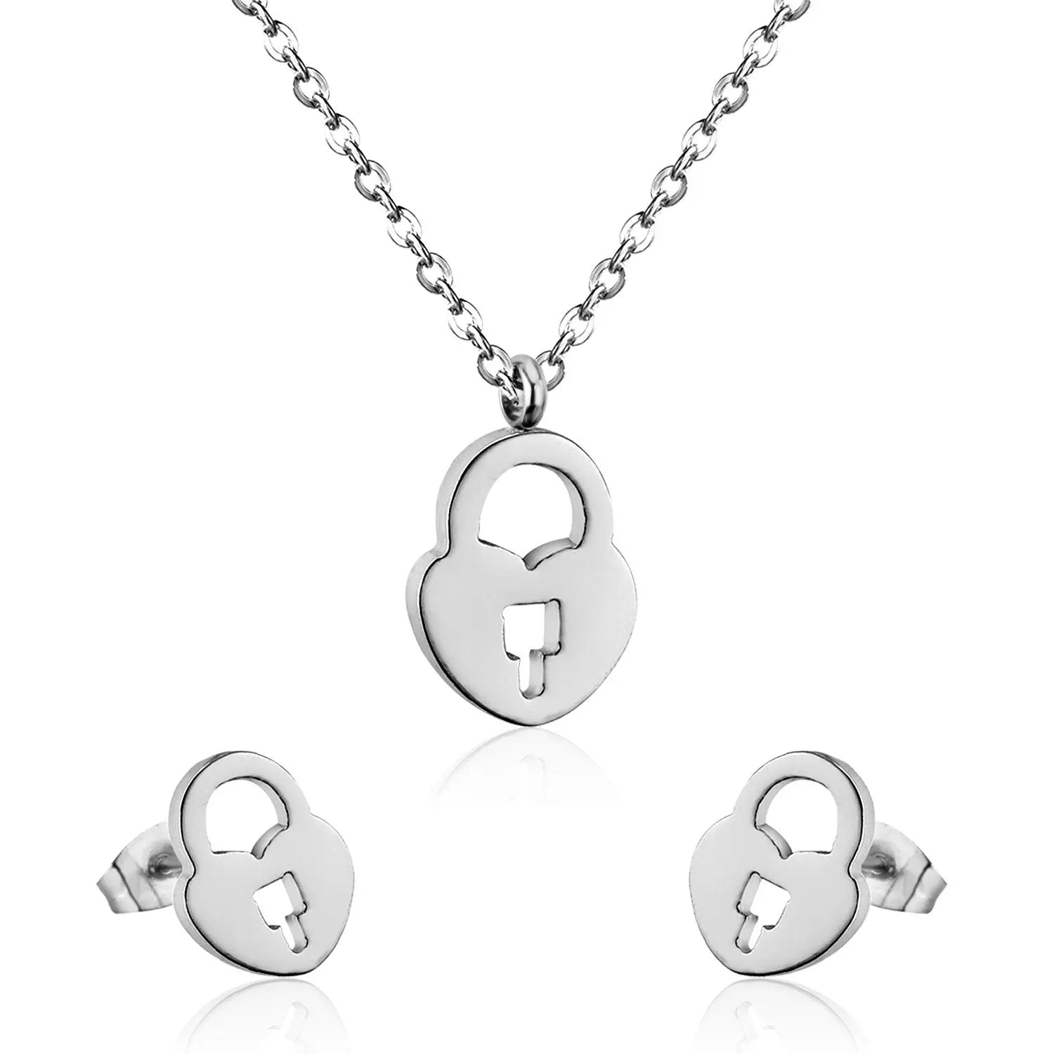 Heart Shape Lock Stainless Steel Silver Color Necklaces Earrings Sets For Ladies Party Jewelry Set pendientes mujer asonjewelry