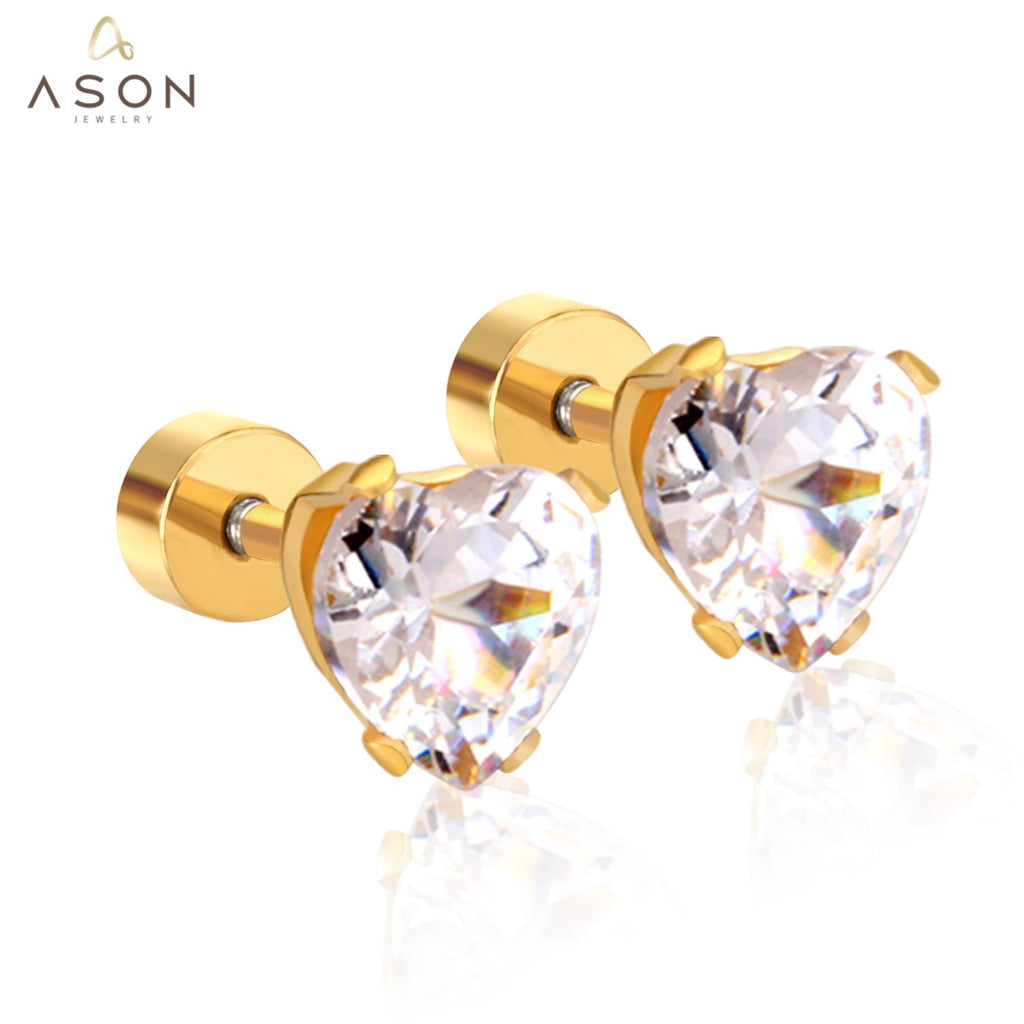ASON Pendientes de acero inoxidable con circonita cúbica en forma de corazón, antialérgicos, accesorios de moda para mujer, fiesta