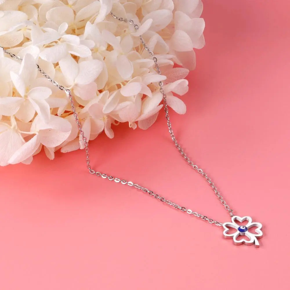 Hollow Out Four Leaf Clover Pendant Necklaces Blue Cat Eyes Stone For Friends Wishes Lucky Christmas Gifts Collier asonjewelry