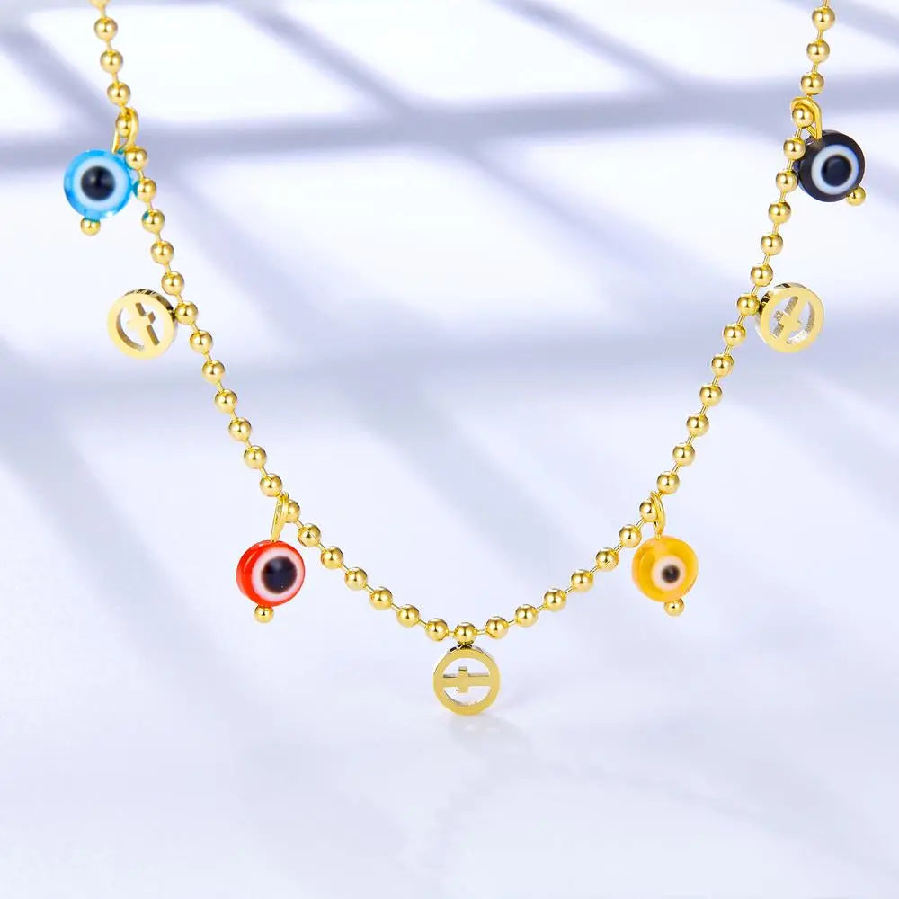 Bohemian Summer Colorful Evil Eyes Beads Necklace For Women Girls Stainless Steel Cross Charm Thin Choker Boho Jewelry asonjewelry