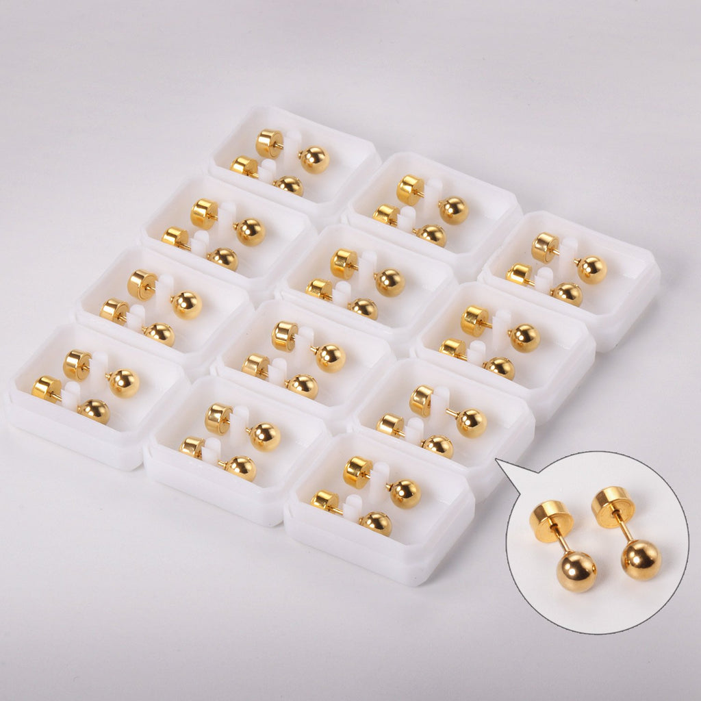 ASON Round Ball Press Piercing Stud Earrings Gold Color Stainless Steel for Women Baby Kids 3mm/4mm/5mm Jewelry Wholesale