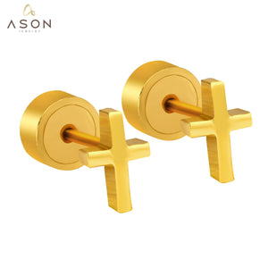 ASON-pendiente de Cruz de Color dorado, joyería de moda para mujeres y hombres, pendiente de tuerca de acero inoxidable, regalo de Navidad para fiesta