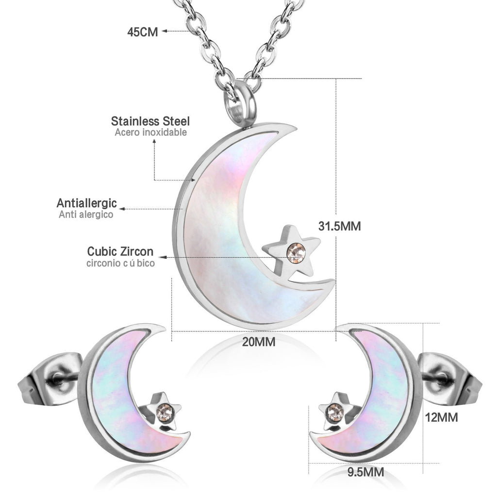 ASON Moon Star Shell 316L Stainless Steel Bridal Wedding Jewelry Sets for Women 2019 Necklace Pendant Small Stud Earring